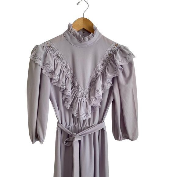Vtg 70s Victorian Dress Size 7 Union Tag Lace Ruffle Feminine Romantic Pastel - Picture 6 of 14